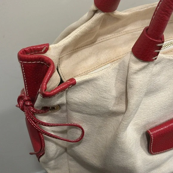 Kate Spade Red Leather & Cream Canvas Kent Stevie Shoulder Bag Satchel Sample - Picture 7 of 16